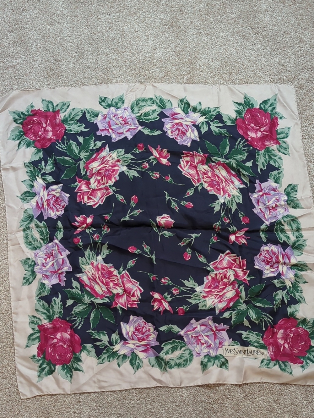 Yves Saint Laurent Navy Silk Scarf with Pink Roses and Green Leaves